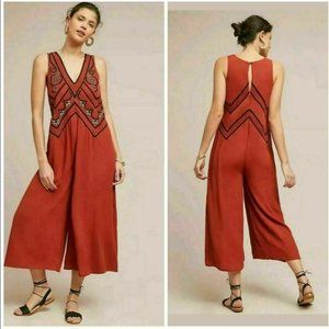 Anthropologie Maeve Desert Orange Embroidered Jumpsuit Wide Leg Cropped Size 10